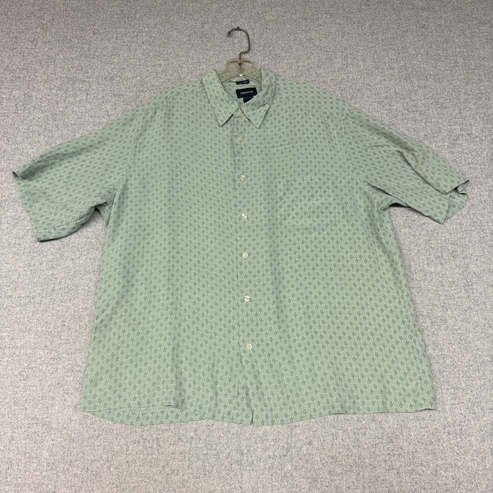 Claiborne|Button Down Shirt XL |Green 100% Silk Short Sleeve Paisley Print 2510